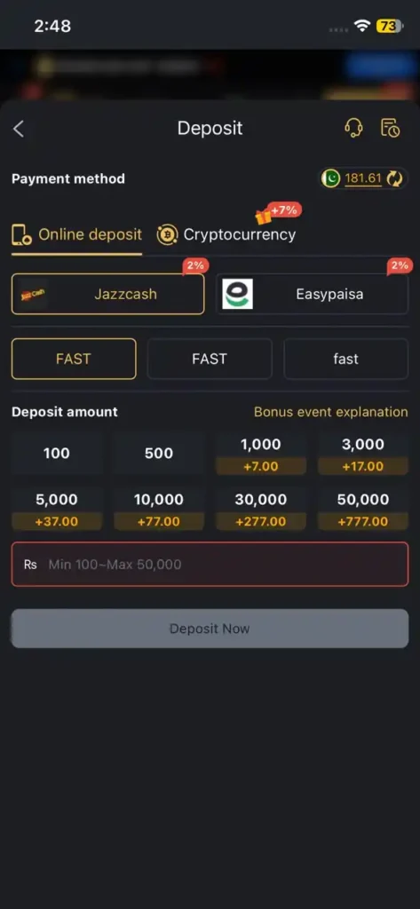 M999 Game deposit and withdrawal page with JazzCash and EasyPaisa payment options on Android
