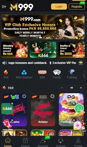 M999 Game APK home screen showing login, register, featured games, and Android dashboard