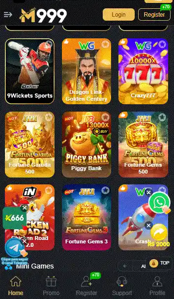 M999 Game APK game lobby showing slot games, sports games, mini games, and Android navigation menu