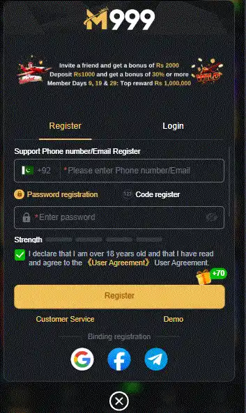 M999 Game registration page showing account signup form, login option, and Android APK interface